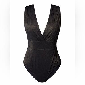 Heat NWT Swimwear Black Gold Shimmer Plunge One Piece Swimsuit Glam- Large